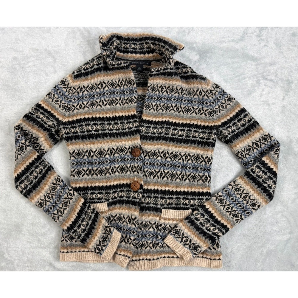 Banana Republic 100% Lambswool Cardigan Women's XS brown Fair Isle sweater